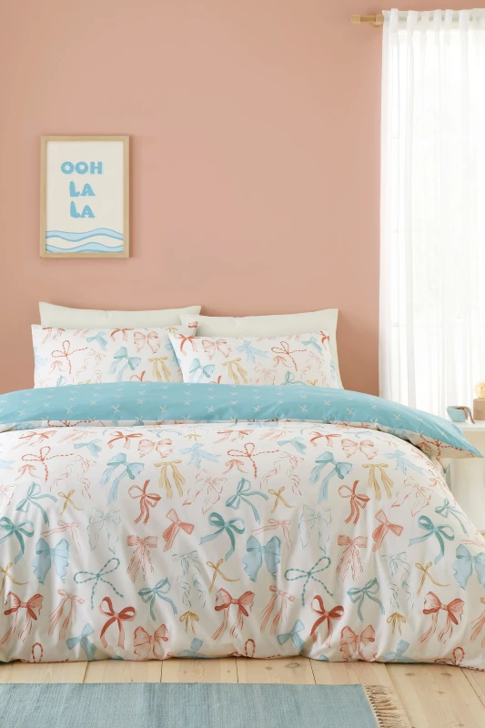 Image of Fusion 'Evelyn' Bow Print Reversible Duvet Cover Set Size: Super King Multicolor Unisex Super King