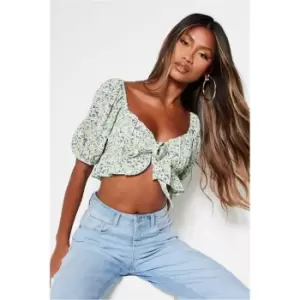 Image of I Saw It First Green Satin Tie Front Puff Sleeve Crop Blouse - Green