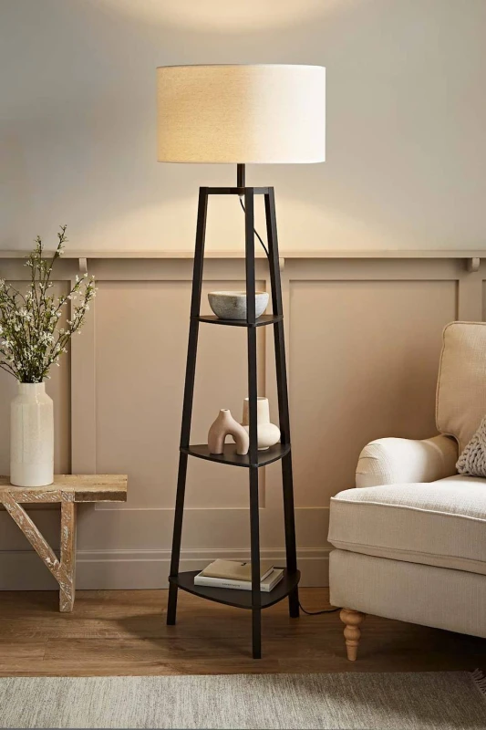 Image of ValueLights Hiru Black Three Tier Shelved Wooden Floor with Linen Trim Drum Lamp Shade White