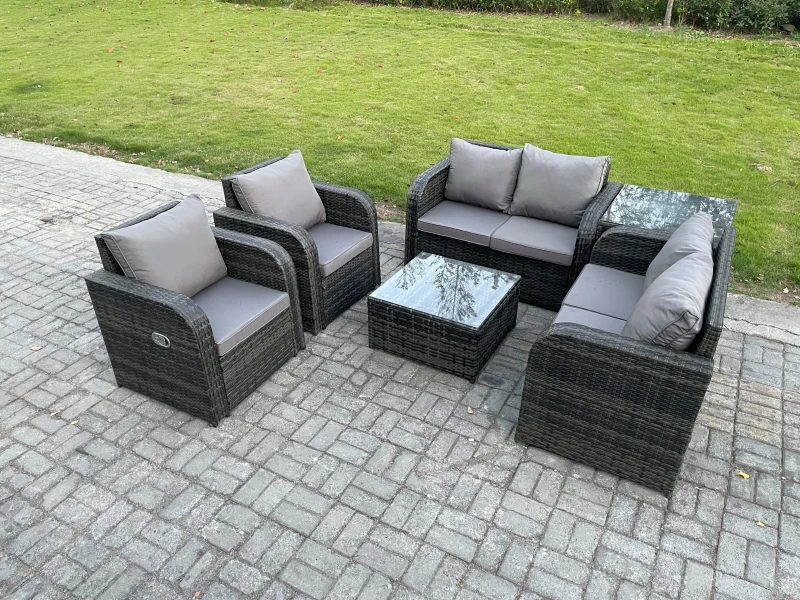 Image of Fimous 6 Seater Rattan Sofa Set Outdoor Garden Furniture Set with Square Coffee Table Loveseat Sofa Reclining Chairs Side Table Dark Grey