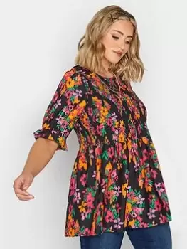 Image of Yours Shirred Puff Sleeve Top Bright Smudge Floral, Black, Size 18, Women