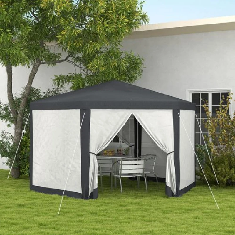 Image of Outsunny Garden Hexagonal Gazebo Patio Outdoor Canopy Patio Party Tent Dark Grey