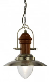 Image of 1 Light Dome Ceiling Pendant Antique Brass, Wood, Clear Glass, E27