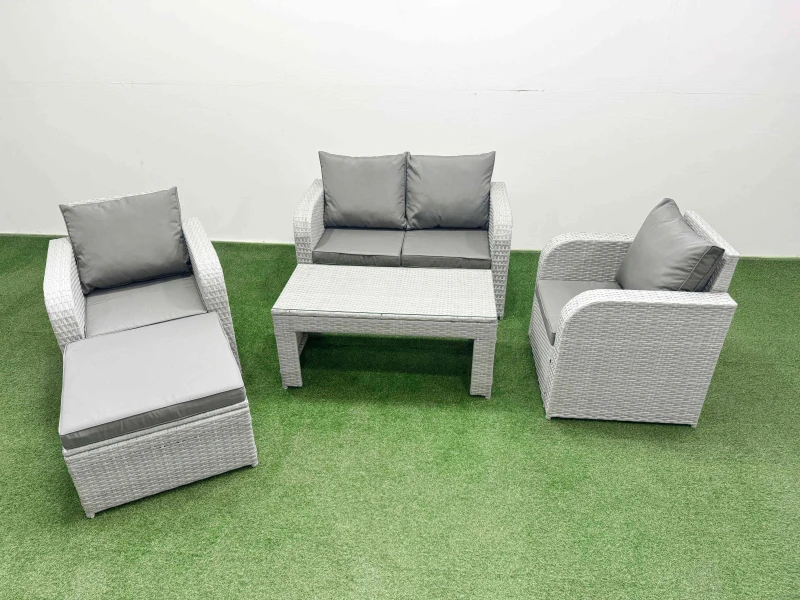 Image of Fimous Light Grey PE Wicker Rattan Garden Furniture Set Sofa Set Reclining Adjustable Chair Oblong Coffee Table 5 Seater With Footstool Light Grey