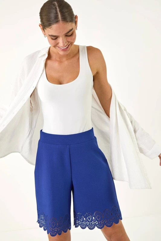 Image of Roman Womens Laser Cut Hem Shorts in Royal Size: 10 Royal Female 10