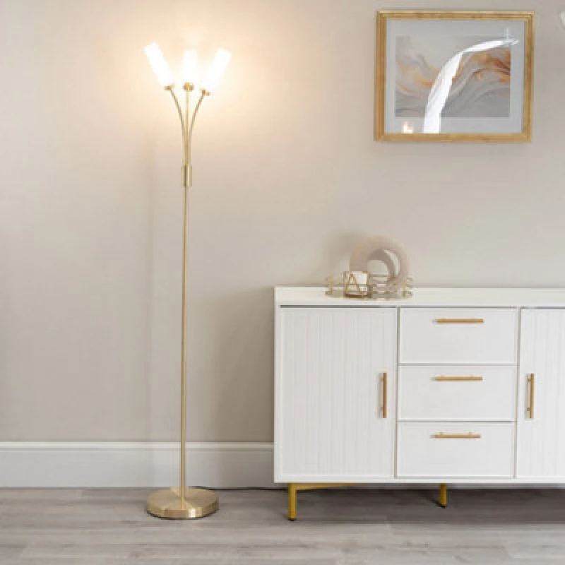 Image of ValueLights Maya 3 Way Curved Arm Reed Shaded Upright Floor Lamp Gold