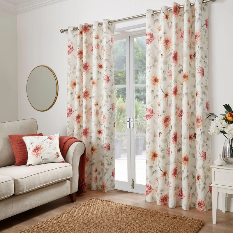 Image of Dreams and Drapes Nadia 100% Cotton Floral Eyelet Curtains in Red Red 90x90 Inch