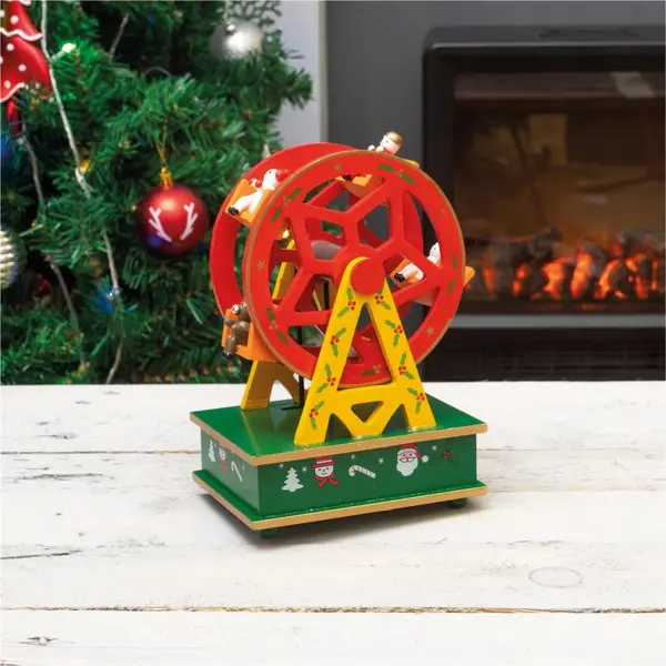 Image of Christmas Mechanical Wooden Fairground Ferris Wheel Mini Music Box Wind Up ELV-814666