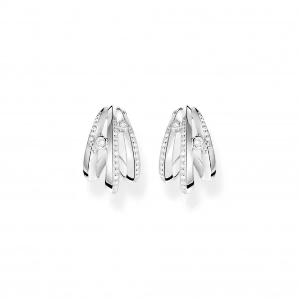 image of Sterling Silver Wave White Stones Hoop Earrings H2231-051-14