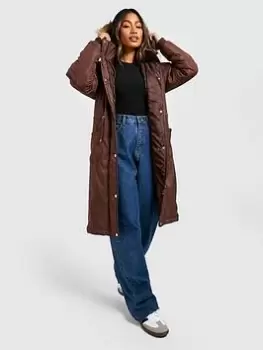 Image of Boohoo Longline Faux Fur Trim Parka - Mocha, Brown, Size 12, Women