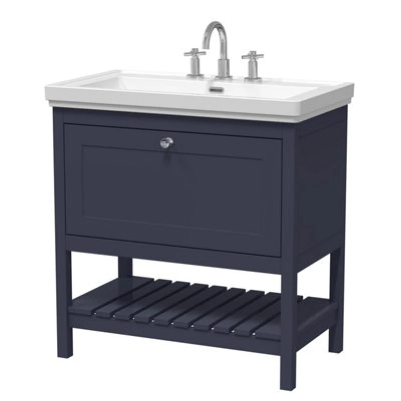 Image of Balterley Bathroom Floor 1 Drawer Vanity, 3 Tap Hole Fireclay Basin, Blue, 800mm in Blue Blue Unisex