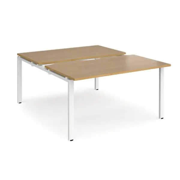 Image of Adapt Bench Desk 2 Person Rectangular Desks 1400mm With Sliding Tops Oak Tops With White Frames 1600mm Depth Adapt Oak STE1416-WH-O