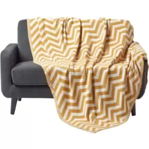 image of Mustard Chevron Cotton Knitted Throw, 130 x 170cm - Yellow - Homescapes