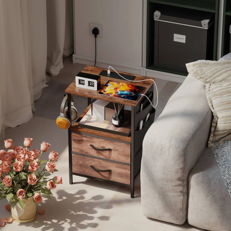 Image of HOMCOM Slim Side Table with Charging Station, Bedside Table, Rustic Brown Brown Unisex