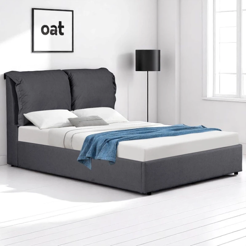 Image of OAT Home Chester Pillowback Fabric Ottoman Storage Bed in Charcoal Size: Double Charcoal Unisex Double
