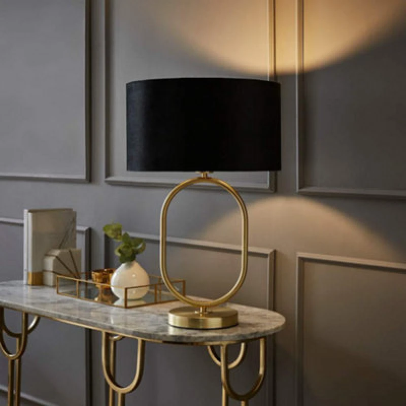 Image of Valuelights Antonia Black Velvet Drum Lamp Shade Brushed Gold Oval Table Lamp