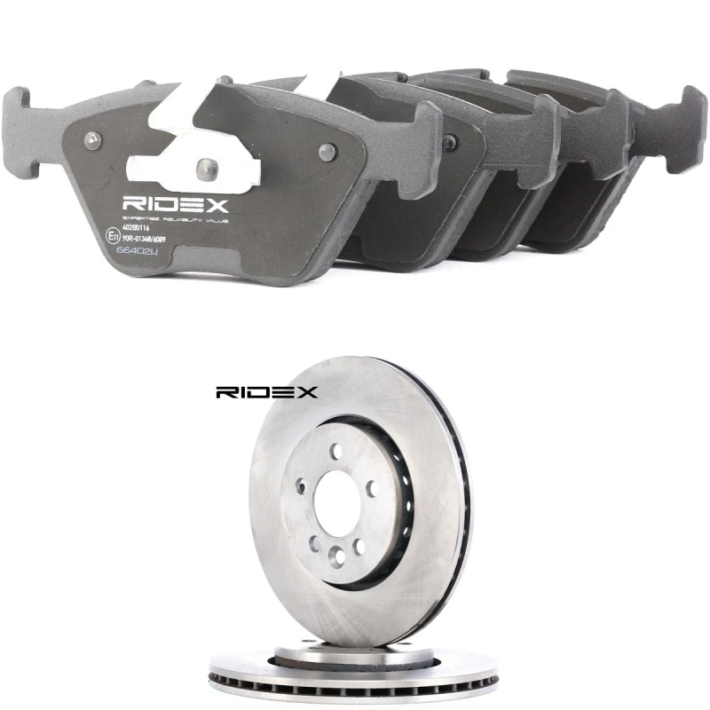 Image of RIDEX 3405B2655 Brake disc and pads set Front Axle, Brake Disc Type: internally vented, prepared for wear warning indicator Brake Set,disc brakes (34