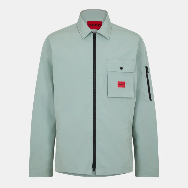 Image of Hugo Mens Emmond Red Cotton Long Sleeve Zip Overshirt Light Green 338 male S