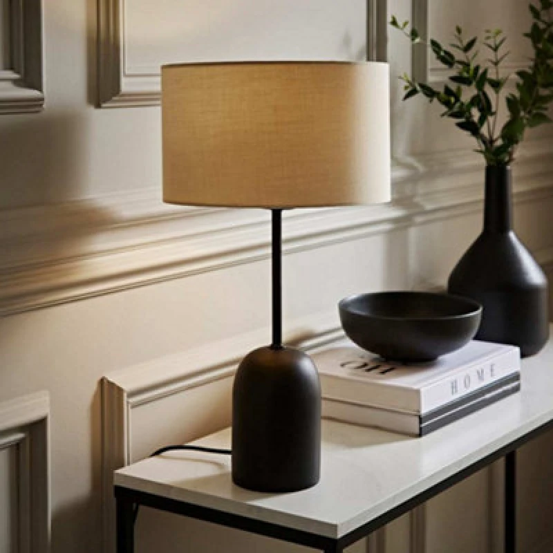 Image of ValueLights ValueLights Kaiden Black Dome Table Lamp with Fabric Drum Lamp Shade in Cream Cream One Size Unisex 5059406068256