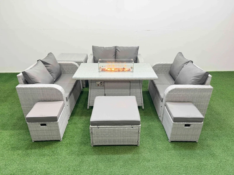 Image of Fimous 9 Seater PE Wicker Rattan Furniture Sofa Sets with Firepit Dining Table 2 Seater Love Sofa 3 Stool Side Table Light Grey Light Grey