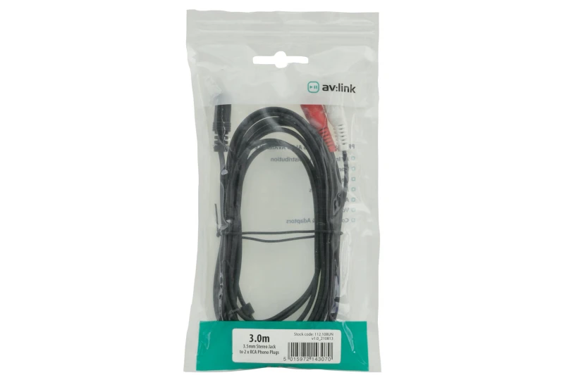 Image of AV Link 112.108UK audio cable 3m 3.5mm 2 x RCA Black. Red. White