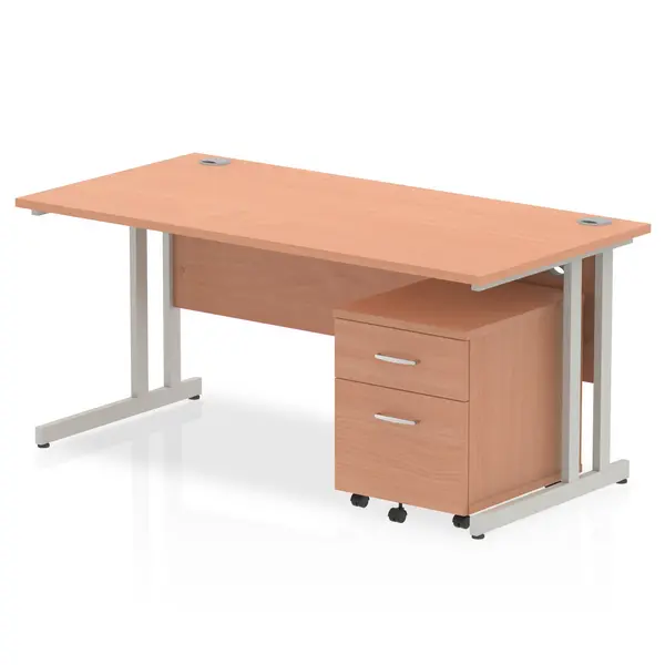 image of Impulse 1600 x 800mm Straight Desk Walnut Top White Cantilever Leg with 2 Drawer Mobile Pedestal