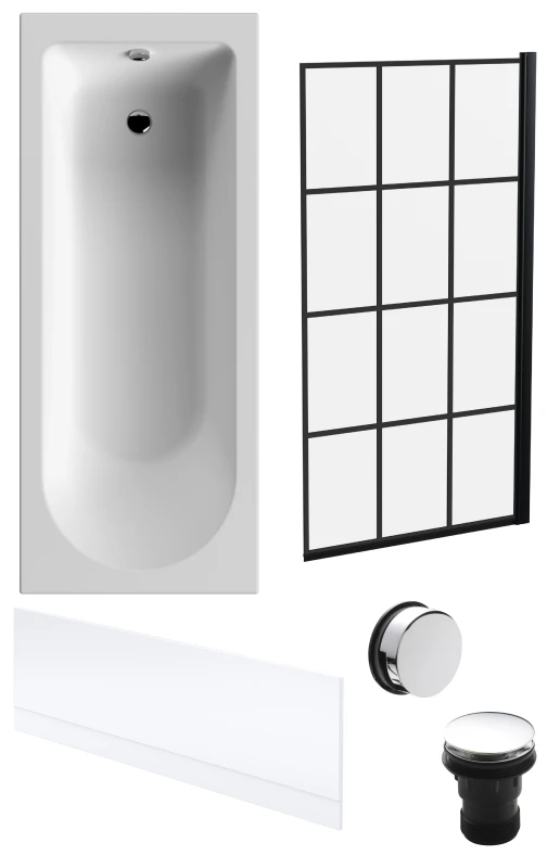 Image of Balterley Round Bath, Black Framed Screen, Front Panel, Chrome Waste-1700x700mm Silver