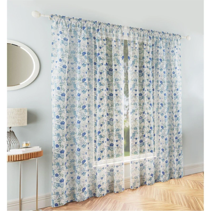Image of Tyrone Textiles Mia Floral Print Sheer Voile Panels - Pair Curtain Voiles / Nets / Lining 140x229cm Blue 70520618004