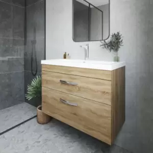 image of Athena Wall Hung 2-Drawer Vanity Unit with Basin-2 800mm Wide - Natural Oak - Nuie