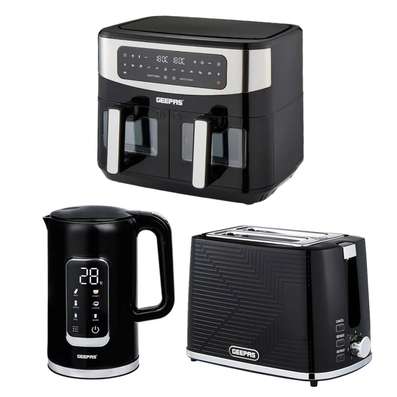 Image of Geepas 1.7L Digital Electric Kettle 2 Slice Bread Toaster & 9L Dual Zone Air Fryer Kitchen Combo Set in Black Unisex