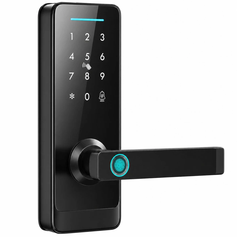 Image of HOMCOM Smart Door Lock, 5-in-1 (Fingerprint/Passcode/Bluetooth APP/NFC Card/Key), Built-in Doorbell, Keyless Electronic Lock