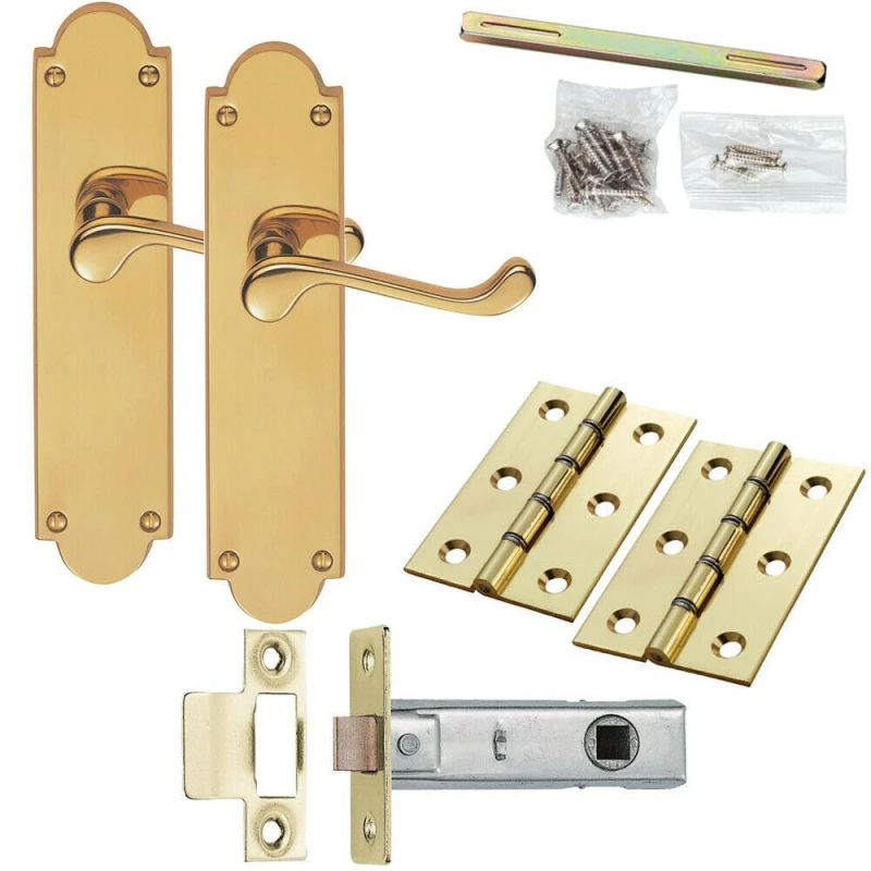Image of Loops Door Handle & Latch Pack Brass Victorian Scroll Short Lever Ornate Backplate Metallics unisex