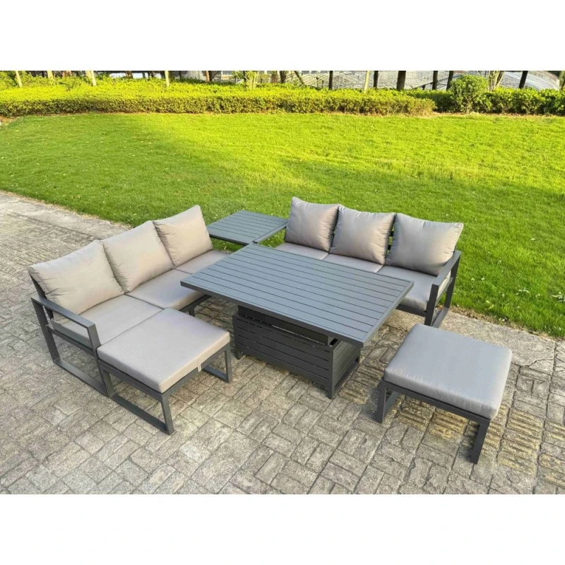 Image of Fimous 6 Pieces Garden Furniture Set Aluminium Adjustable Rising Lifting Dining Table And Sofa Set With Side Table