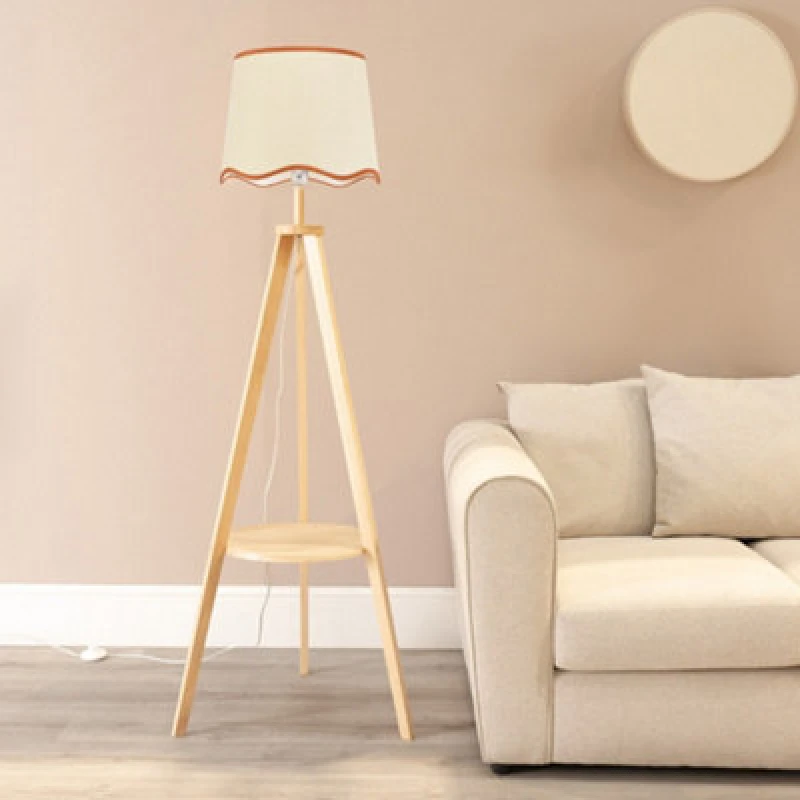 Image of ValueLights Morrigan Wooden Tripod Floor Lamp with Scallop Trim Tapered Lamp Shade & Bulb Burnt Orange
