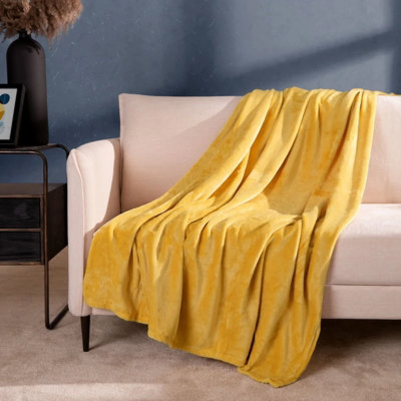Image of OHS OHS Ultra Soft Flannel Fleece Throw Blanket in Mustard Size: 120cm x 150cm Mustard 120cm x 150cm Unisex 5027434005802