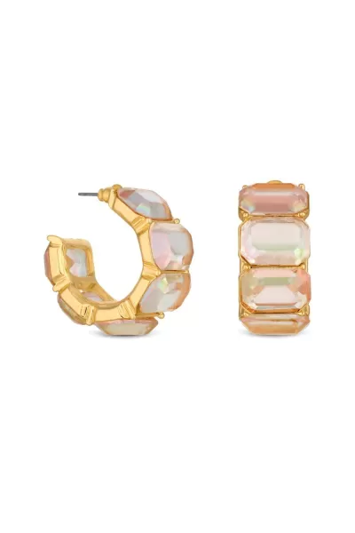 image of Recycled Gold Crystal Aurora Borealis Emerald Cut Stone Hoop Earrings