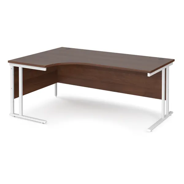 image of Maestro 25 Left Hand Ergonomic Desk with White Cantilever Frame and Walnut Top - 1800mm Wide