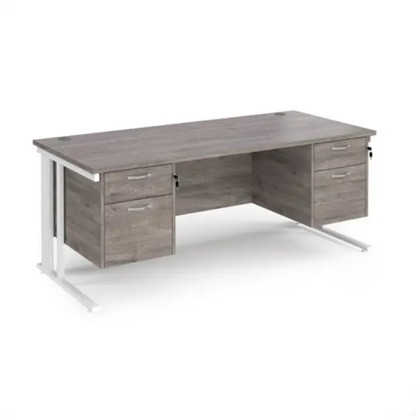 image of Maestro 25 straight desk 1800mm x 800mm with two x 2 drawer pedestals - white cable managed leg frame, grey oak top