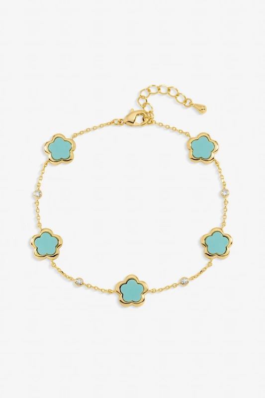 Image of Inicio Womens Gold Plated & Turquoise Flower Station Bracelet - Gift Pouch Turquoise Female One Size