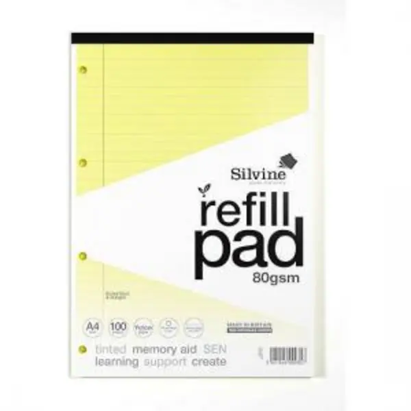 Image of Silvine Silvine SEN Refill Pad A4 With Tinted Coloured Papers 100 Page Ruled With Margin 4 Hole Punched Yellow (Pack 6) - A4RPTINY A4RPTINY