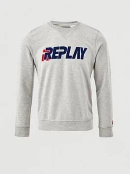 Image of Replay Flocking Logo Sweatshirt, Grey Marl, Size S, Men