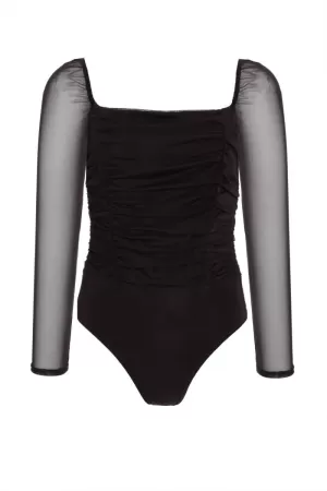 Image of Quiz Mesh Square Neck Bodysuit, Dark Red, Size 6, Women