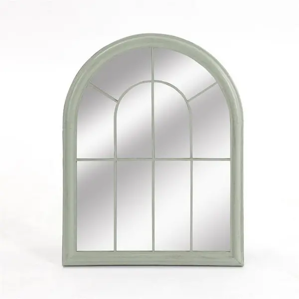 image of Suntime 88cm Arch Window Garden Mirror - Distressed Pale Green 88cm