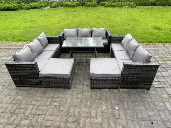 Fimous 9 Seater Outdoor Dark Grey Wicker Rattan Lounge Complete Sofa Set with Dining Table and 2 Footstools