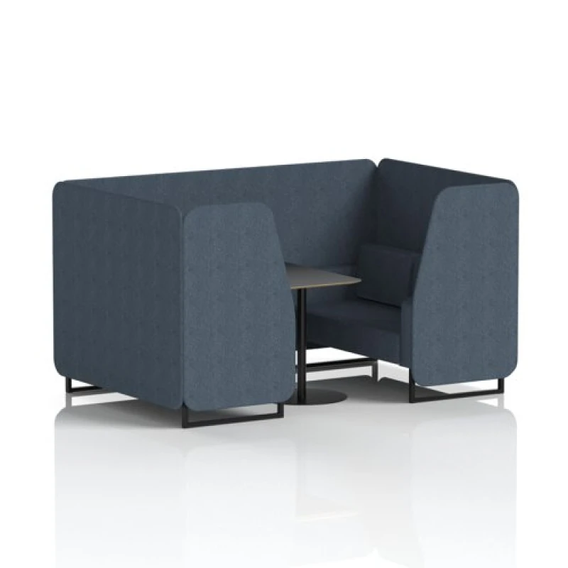 Image of Brixworth 4 Seater Office Booth with Front Panel - Black Legs and Black Table with Black Leg in Rivet Fabric - Crucible Panels and Sofa