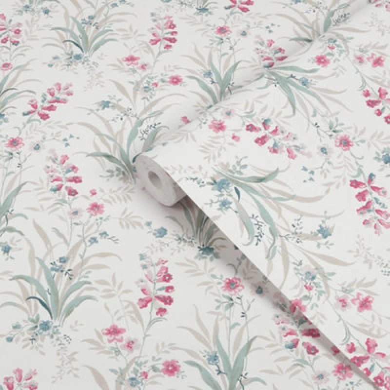 Image of Laura Ashley White, Pink & Duck Egg Mosedale Posy Smooth Wallpaper