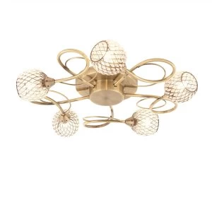 Image of 5 Light Semi flush Antique Brass With Antique Brass Wire, Bead Shade, G9