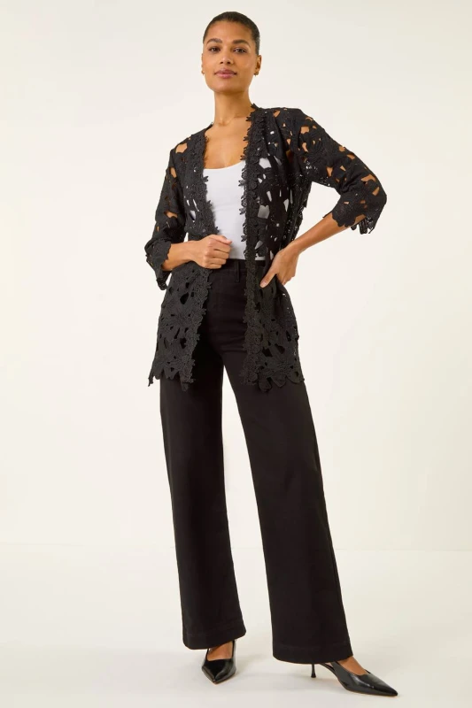 Image of Roman Womens Crochet Lace Longline Jacket in Black Size: 10 Black Female 10