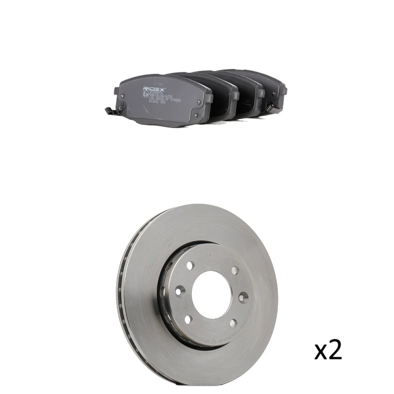 Image of RIDEX 3405B2843 Brake disc and pads set Front Axle, Brake Disc Type: Externally Vented, with acoustic wear warning Brake Set,disc brakes (3405)