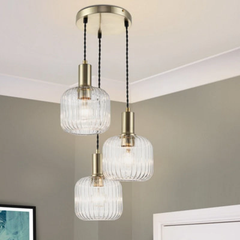 Image of Cosylyte Maple 3 Light Modern Ribbed Glass Cluster Pendant Light - Brushed Brass